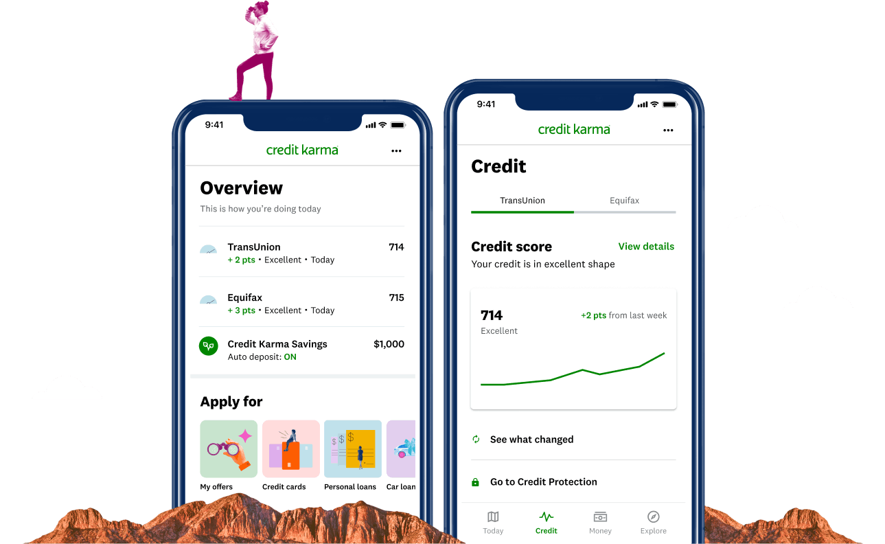 Credit Karma app interface showing credit scores and product offers