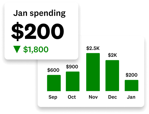 Green bar graph showing spending amounts by month with another call out showing January spending decreased by $200.