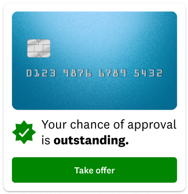 Screen snippet showing a blue credit card with type below stating your chance of approval is outstanding.