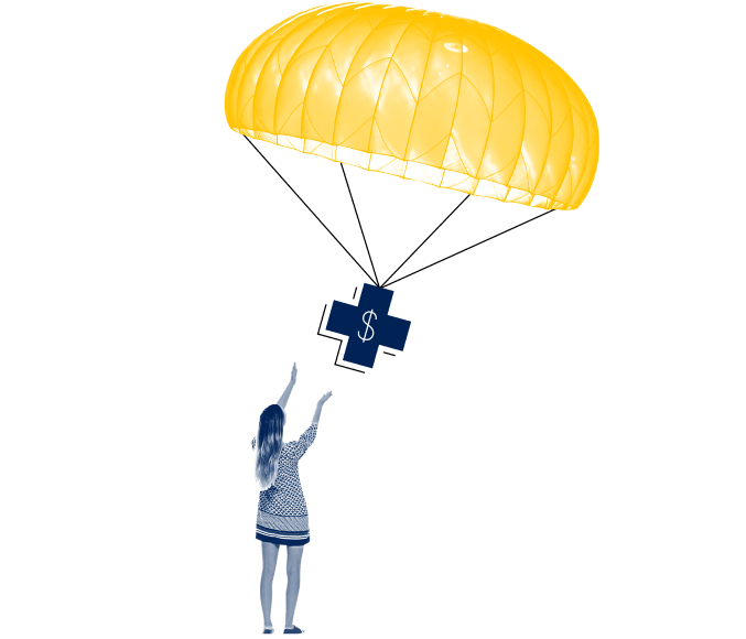 parachute with relief symbol dropping down to figure of a girl