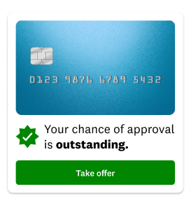 Screen snippet showing a blue credit card with type below stating your chance of approval is outstanding.