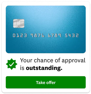 Screen snippet showing a blue credit card with type below stating your chance of approval is outstanding.