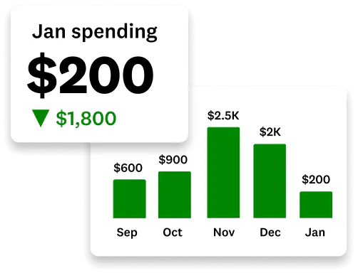 Green bar graph showing spending amounts by month with another call out showing January spending decreased by $200.